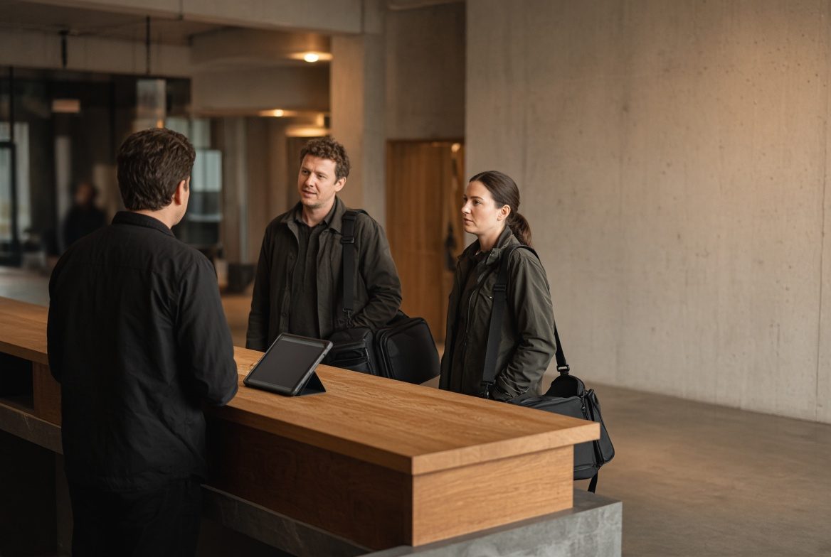 Two customers talking to staff at a shooting range front desk