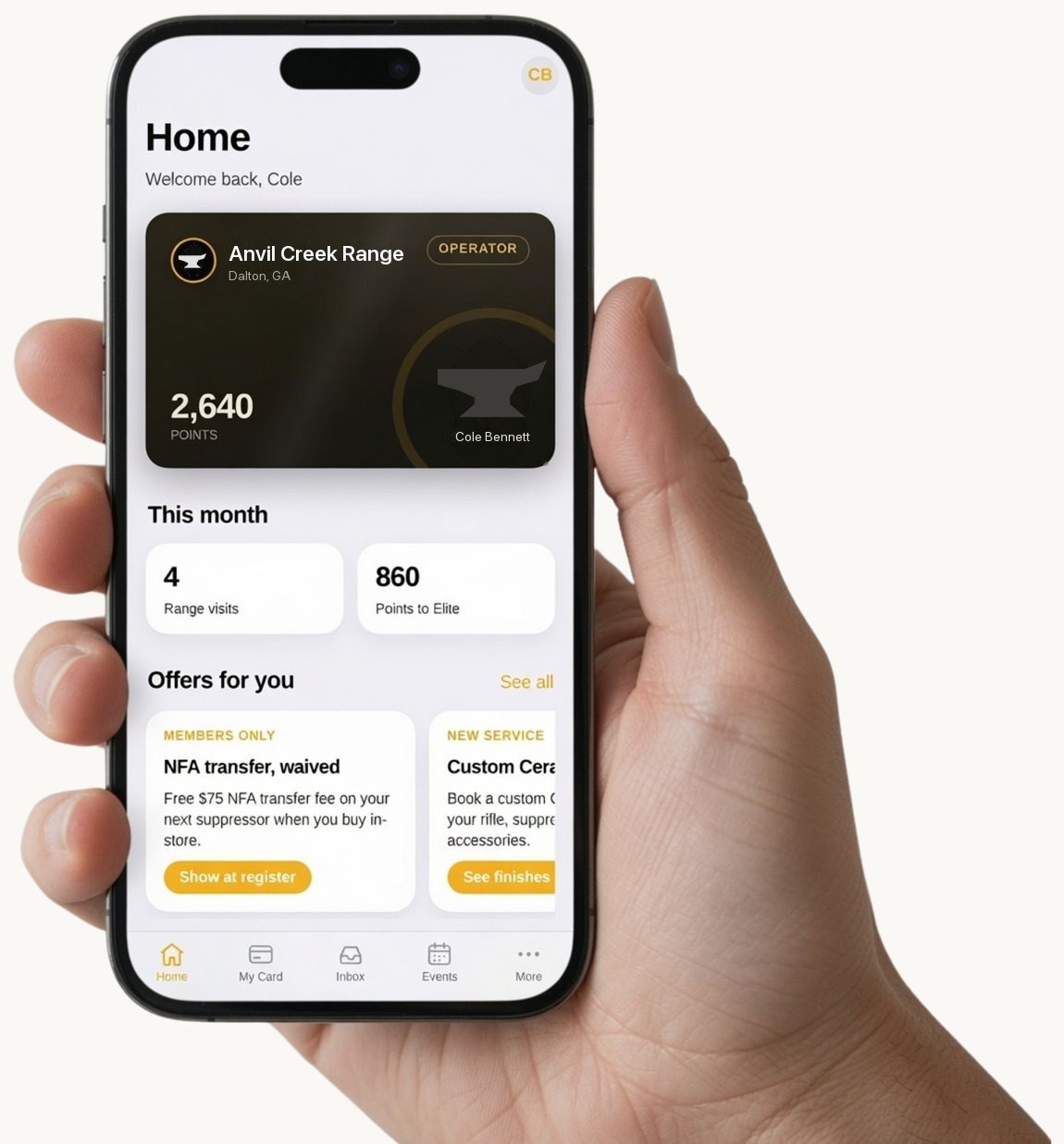 A customer holding a phone with their gun shop's own TacApp home screen