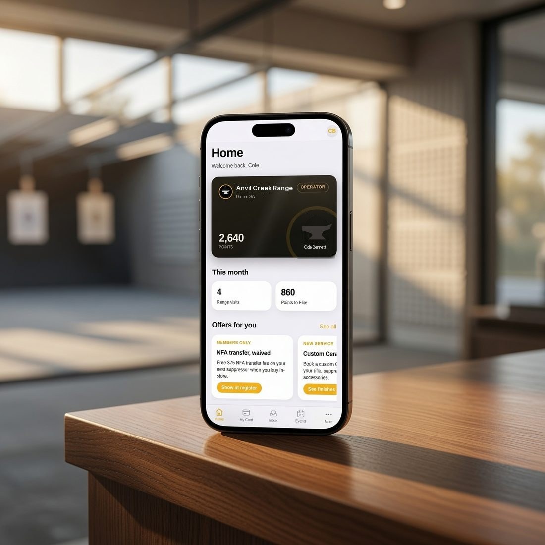 TacApp schedule screen showing this week at a shooting range