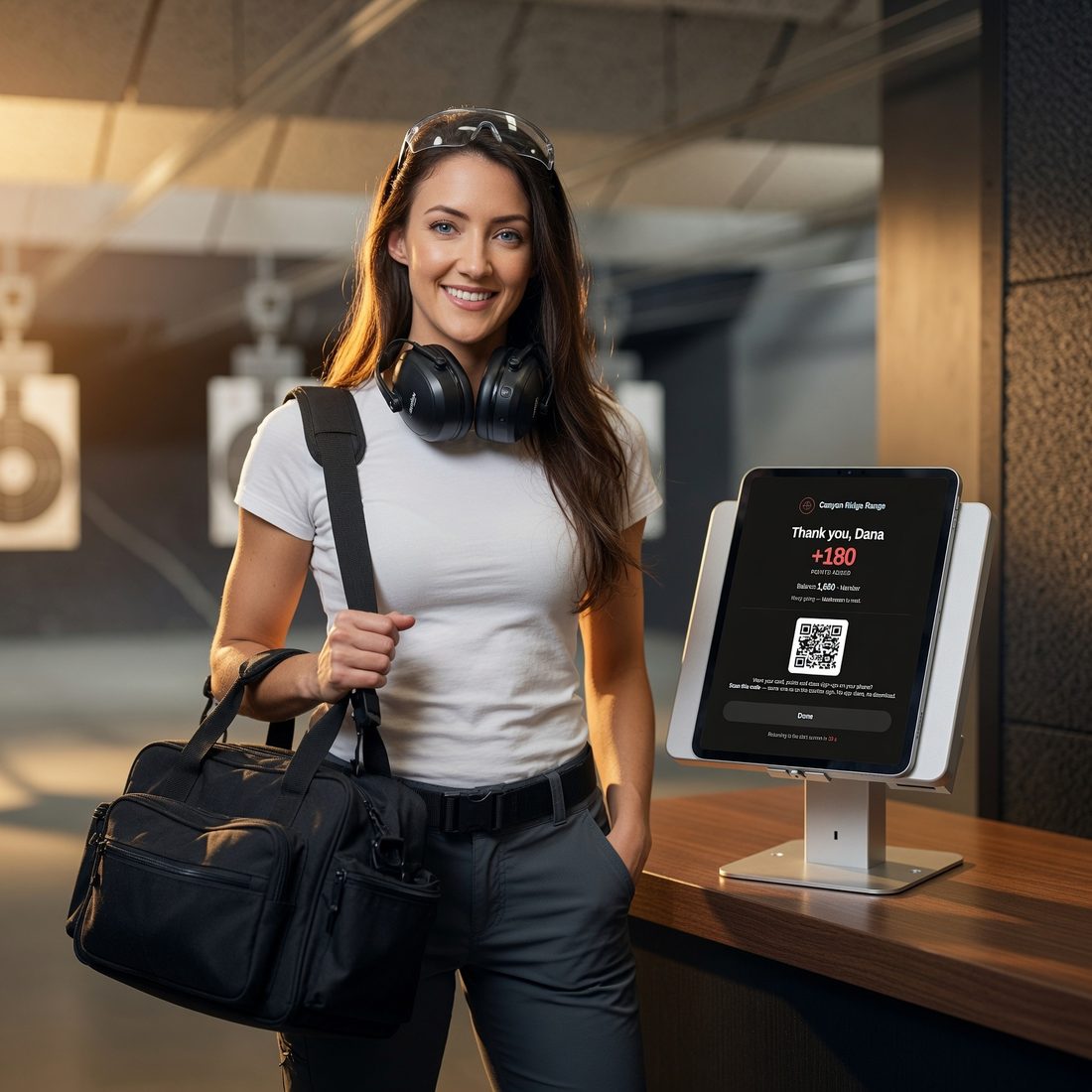 TacApp check-in kiosk on a tablet at a shooting range front counter