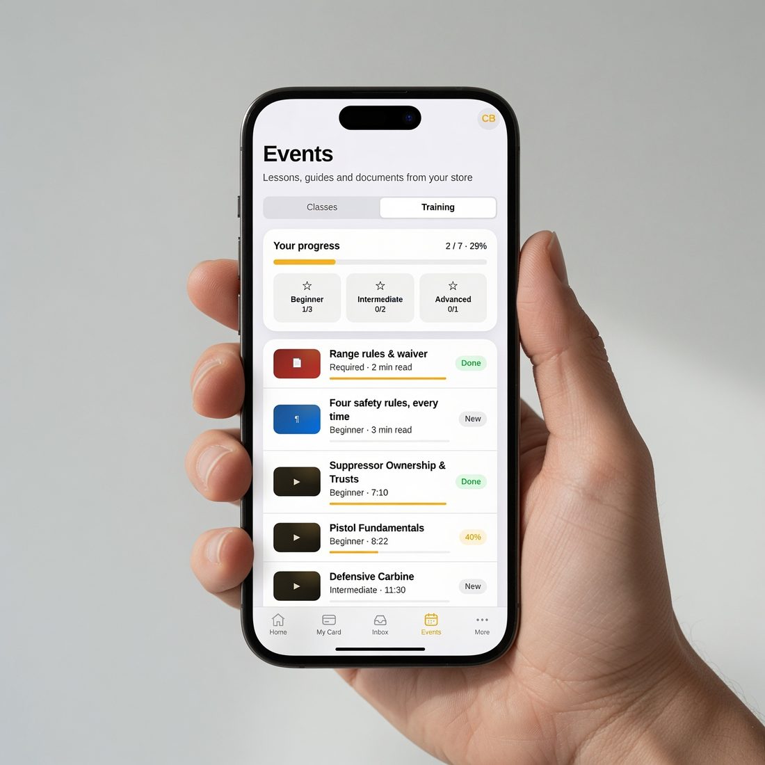TacApp training library with video and article lessons and progress tracking